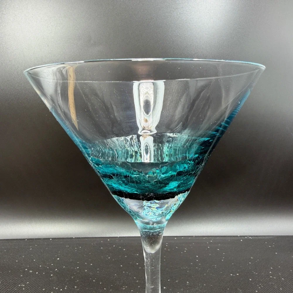 Set of 2 Pier 1 Teal Blue Crackle Glass Martini Glasses Cocktail Stemware Cups‎
